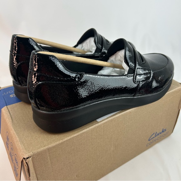 Clarks Black Ellowyn Penny crinkle patent Slip-On Loafers - Picture 3 of 7